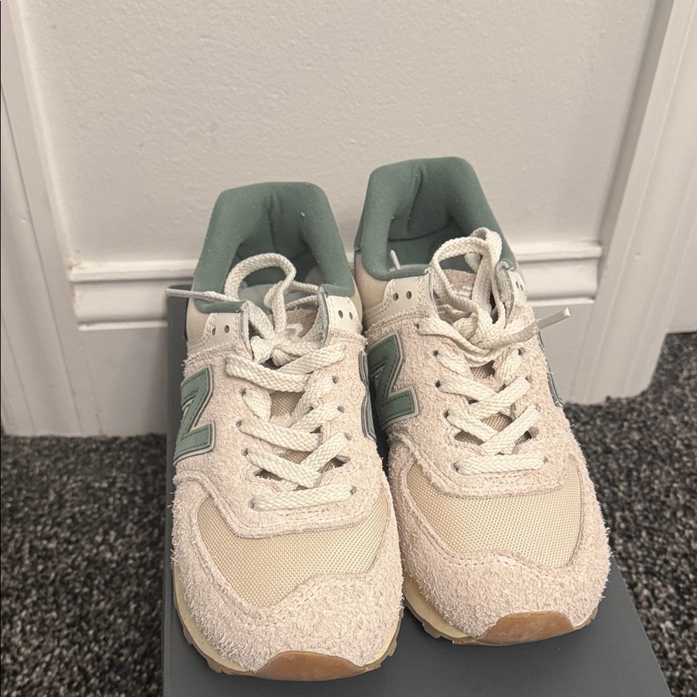 New Balance Beige and Green 574 Sneakers